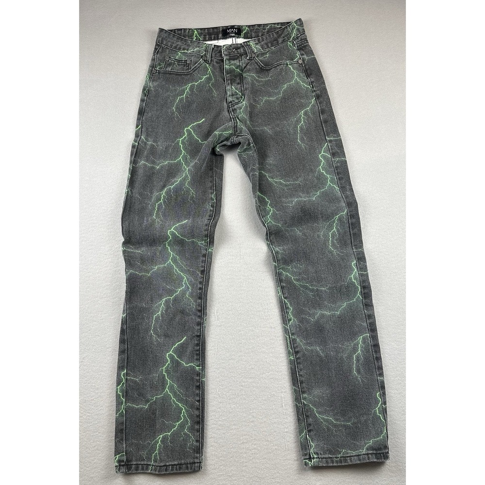 Boohoo MAN Lightning Print Jeans 28R Black Green Slim Fit Streetwear